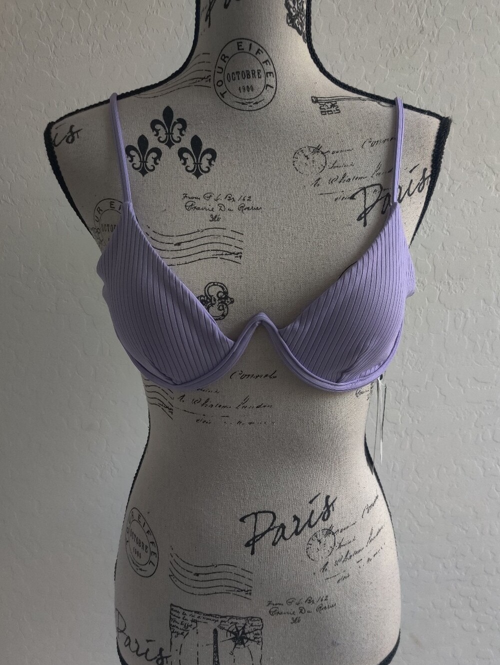 🆕 RVCA Lilac Purple Ribbed Invert V Wire Underwire Swim Bikini Bra_10/Medium
